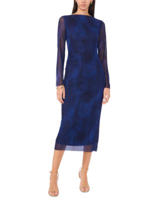 Vince Camuto - Women's Sheer-Overlay Sheer-Sleeve Midi Dress