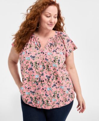 Style & Co - Plus Size Printed Flutter-Sleeve Button-Front Top