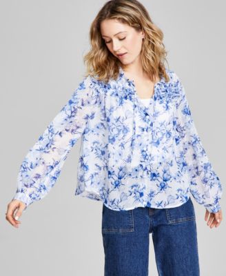 And Now This - Women's Floral-Print Button-Front Ruffled Tie-Neck Woven Blouse
