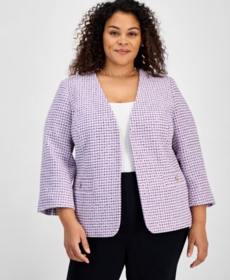 Kasper - Plus Size Tweed 3/4-Sleeve Open-Front Blazer