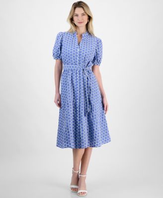 T Tahari - Women's Button-Front Puff-Sleeve Midi Dress