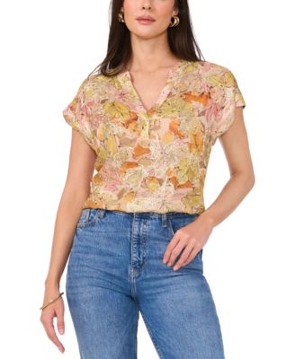 Vince Camuto - Women's Floral Metallic Split-Neck Top