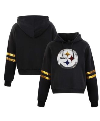 Cuce - Women's Black Pittsburgh Steelers Cropped Sequins Pullover Hoodie