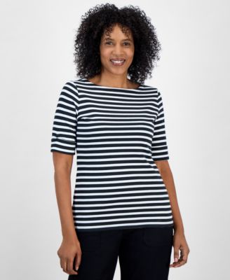 Style & Co - Women's Striped Boat-Neck Elbow-Sleeve Top