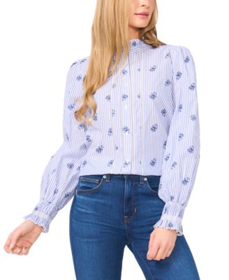 CeCe - Women's Cotton Ruffle-Collar Lace-Detail Button-Up Blouse