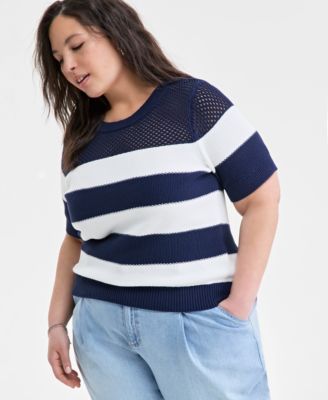 On 34th - Trendy Plus Size Open-Knit Striped Short-Sleeve Sweater