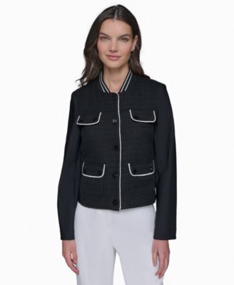 KARL LAGERFELD PARIS - Women's Contrast-Trim Mixed-Media Jacketx