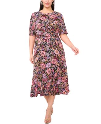 MSK - Plus Size Printed Twist Elbow-Sleeve Midi Dress