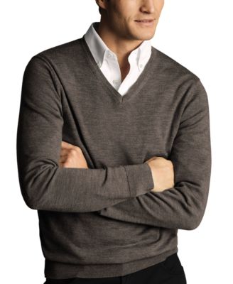 Charles Tyrwhitt - Men's Long Sleeve Garment Washed V-Neck Merino Wool Sweater