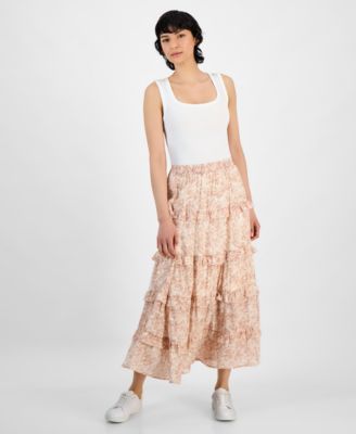And Now This - Women's Floral Tiered Pull-On Maxi Skirt
