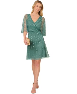 Adrianna Papell - Bead Embellished Flutter-Sleeve A-Line Dress