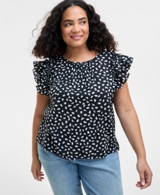On 34th - Trendy Plus Size Paint Dot Ruffle-Sleeve Top