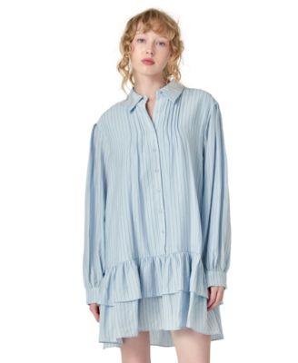 English Factory - Women's Striped Blouson-Sleeve Drop-Waist Shirtdress