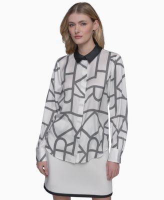 KARL LAGERFELD PARIS - Women's Logo-Print Collared Button-Down Blouse