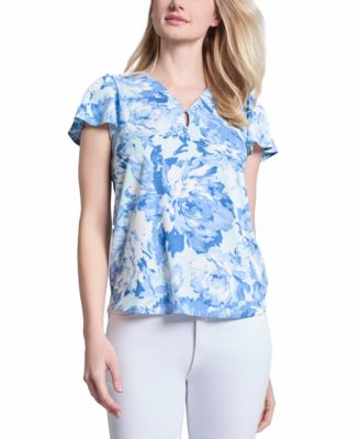 Jones New York - Women's Printed Moss Crepe Flutter-Sleeve Top
