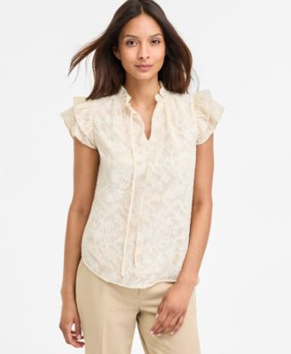Anne Klein - Petite Double-Ruffle-Sleeve Tie-Neck Blouse