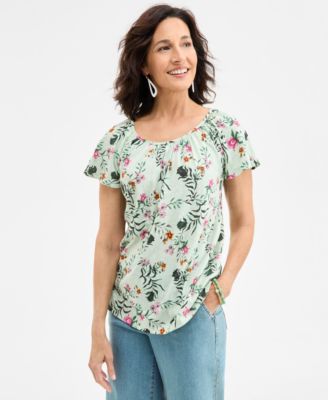 Style & Co - Women's Floral-Print Scoop-Neck Flutter-Sleeve Top