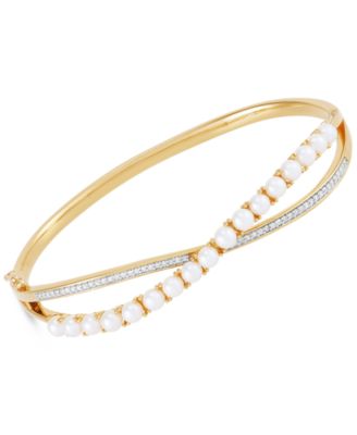 Honora - White Ming Pearl (3-1/2-4mm) & Diamond (1/4 ct. t.w.) Bangle Bracelet in 14k Gold-Plated Sterling Silver