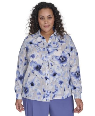 Calvin Klein - Plus Size Printed Ruffled Long-Sleeve Button-Front Shirt