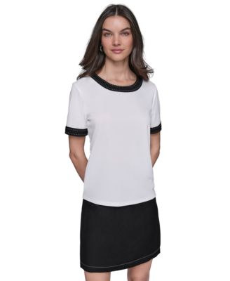 KARL LAGERFELD PARIS - Women's Contrast-Rib Short-Sleeve Top