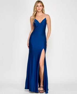 Crystal Doll - Juniors' Rhinestone-Strap Lace-Up-Back Gown