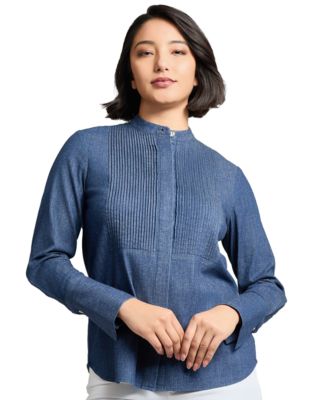 Jones New York - Petite Stretch-Denim Shirred Blouse