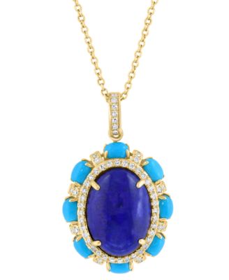EFFY Collection - Lapis Lazuli, Sleeping Beauty Turquoise & Diamond (1/4 ct. t.w.) Pendant Necklace in 14k Gold, 17" + 1" extender