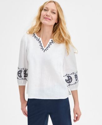 Charter Club - Petite Linen Eyelet-Embroidered 3/4-Sleeve Top