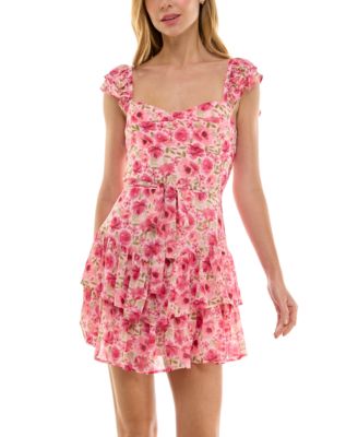 Crystal Doll - Juniors' Floral-Print Tie-Front Flutter-Sleeve Tiered-Hem Dress