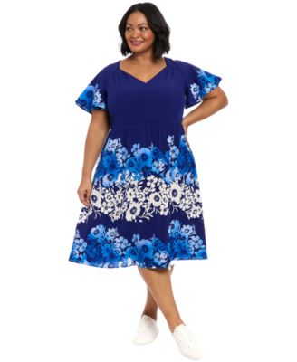 London Times - Plus Size Placed-Floral Flutter-Sleeve Dress