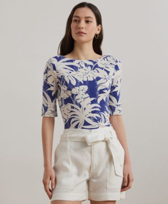 Lauren Ralph Lauren - Petite Palm-Frond-Print Cotton Boatneck Tee