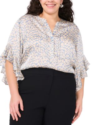 Vince Camuto - Plus Size Printed Pintuck Flutter-Sleeve Blouse