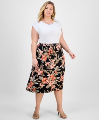 Kasper - Plus Size Printed Pull-On Midi Skirt