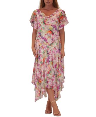 Robbie Bee - Plus Size Printed Flutter-Sleeve Midi Dress