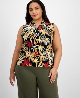 Anne Klein - Plus Size Printed Triple-Pleated V-Neck Top