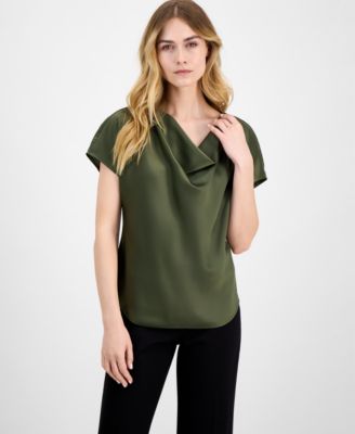 Anne Klein - Women's Solid Cowlneck Short-Sleeve Blouse