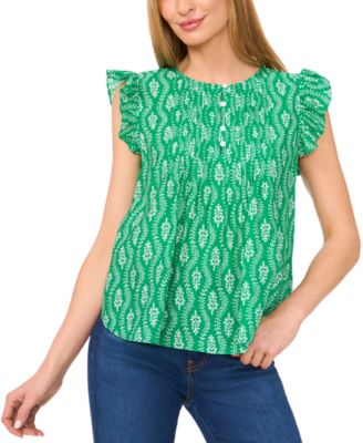 CeCe - Women's Floral Button-Front Ruffle-Sleeve Blouse