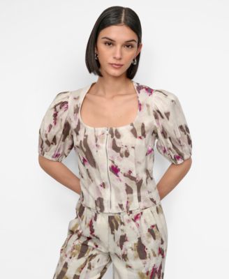 DKNY - Women's Printed Woven Zip Puff-Sleeve Top