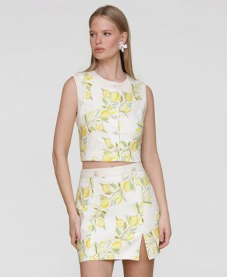 Avec Les Filles - Women's Sleeveless Button-Front Top & Side-Slit Miniskirt
