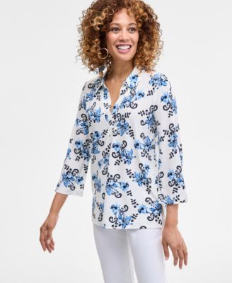 JM Collection - Petite Floral-Print Johnny-Collar Tunic, Exclusively at Macy's