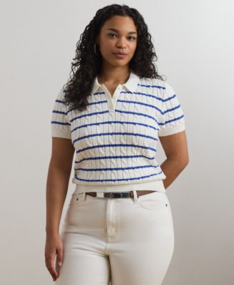 Lauren Ralph Lauren - Plus Size Striped Cable-Knit Cotton Polo Sweater
