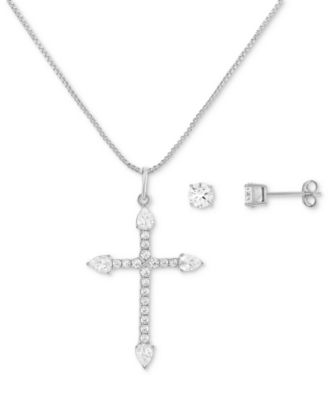 Giani Bernini - Cubic Zirconia Cross Pendant Necklace & Stud Earrings Set in Sterling Silver