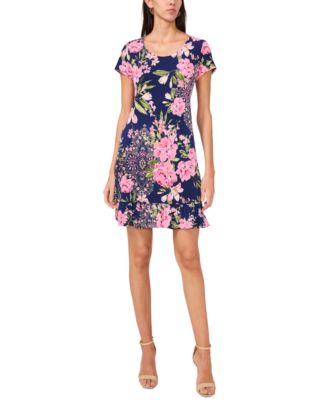 MSK - Women's Printed Round-Neck Ruffle-Hem Shift Dress