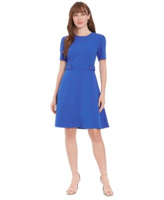 London Times - Women's Round-Neck Short-Puff-Sleeve Dress