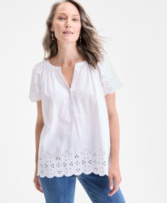 Style & Co - Petite Eyelet Embroidered Cotton Flutter-Sleeve Top, Exclusively at Macy's