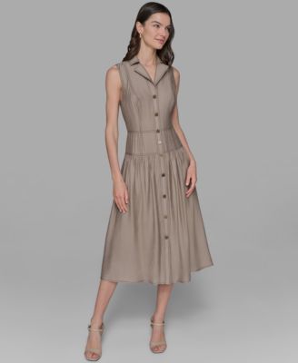 KARL LAGERFELD PARIS - Petite Notched Collar Sleeveless Midi Shirtdress