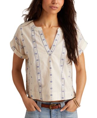 Lucky Brand - Women's Embroidered Cotton Cuffed-Sleeve Top