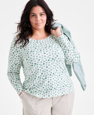 Style & Co - Plus Size Jungle Floral Scoop-Neck Long-Sleeve Top