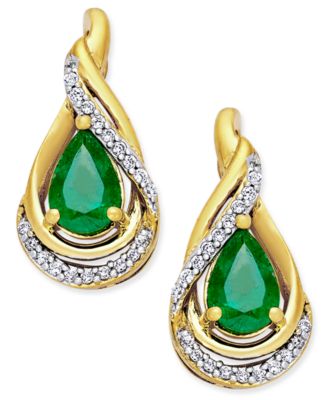 Macy's - Emerald (3/4 ct. t.w.) and Diamond (1/10 ct. t.w.) Stud Earrings in 14k Gold