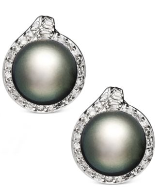 Macy's - 14k White Gold Earrings, Cultured Tahitian Pearl (11mm) and Diamond (3/4 ct. t.w.) Stud Earrings